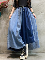 Women Spring Retro Stripe Plaid Spliced Wide-leg Pants