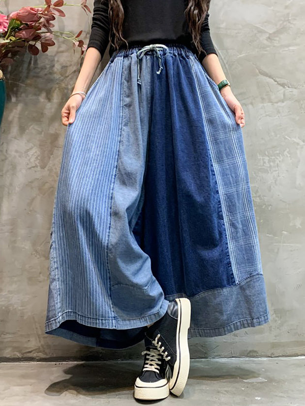 Women Spring Retro Stripe Plaid Spliced Wide-leg Pants