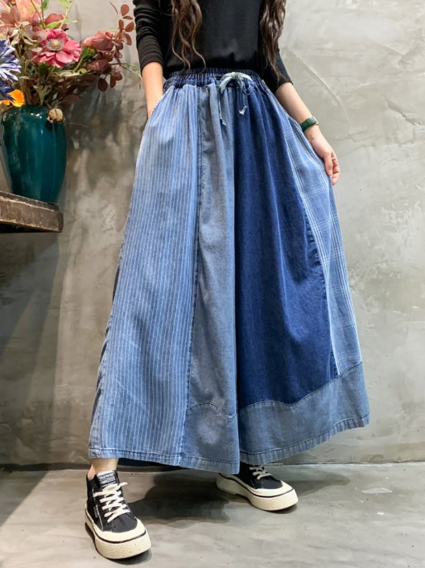 Women Spring Retro Stripe Plaid Spliced Wide-leg Pants