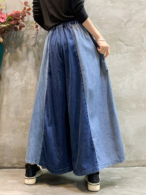 Women Spring Retro Stripe Plaid Spliced Wide-leg Pants