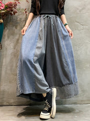 Women Spring Retro Stripe Plaid Spliced Wide-leg Pants