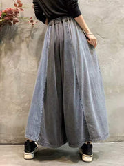 Women Spring Retro Stripe Plaid Spliced Wide-leg Pants