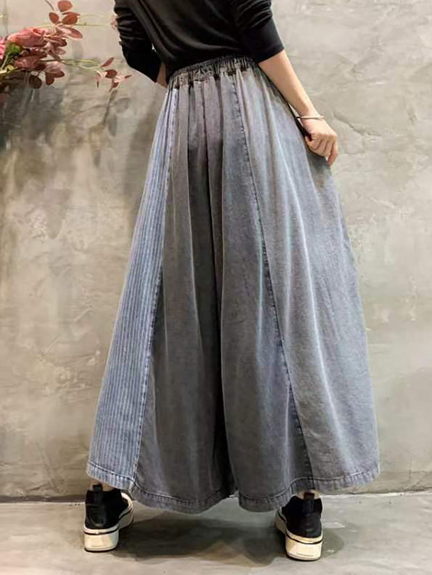 Women Spring Retro Stripe Plaid Spliced Wide-leg Pants