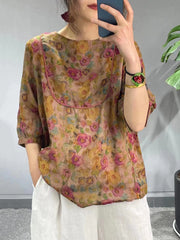 Women Summer Artsy Floral Stitching Loose Shirt