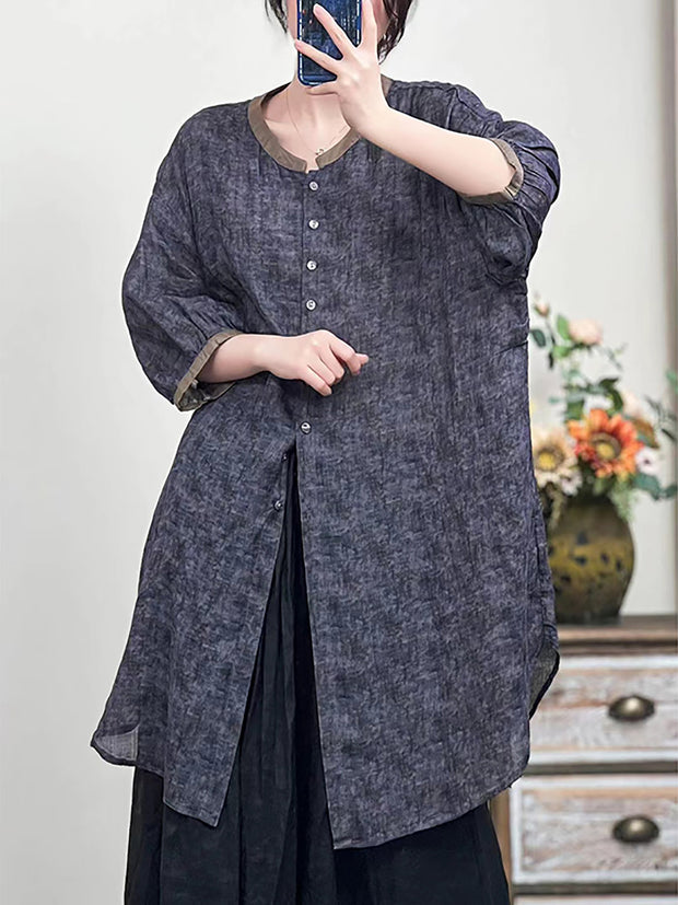 Women Spring Chinese Style Flower Print Long Linen Shirt