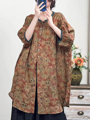 Women Spring Chinese Style Flower Print Long Linen Shirt