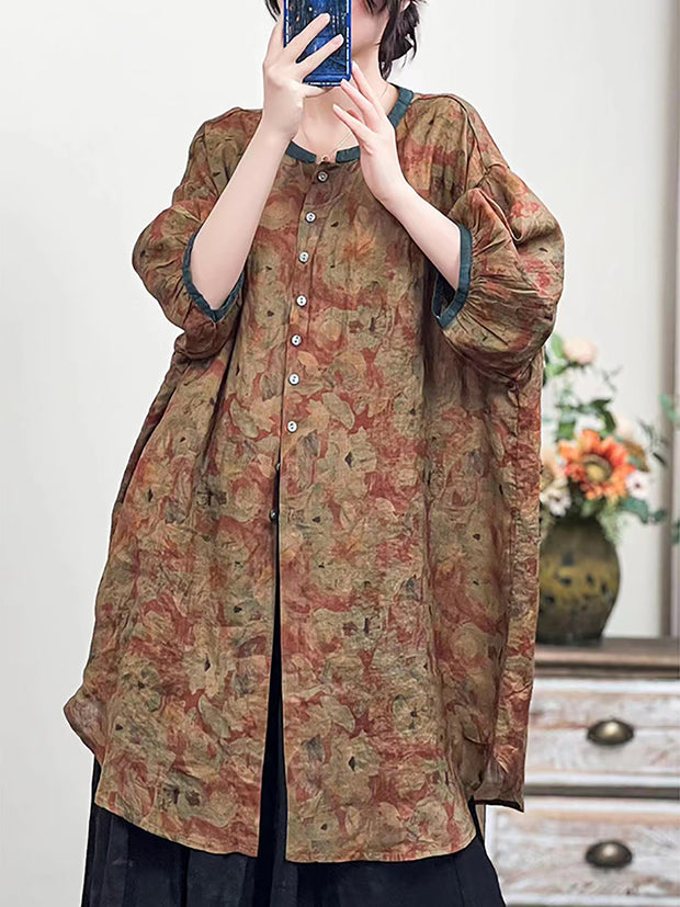 Women Spring Chinese Style Flower Print Long Linen Shirt