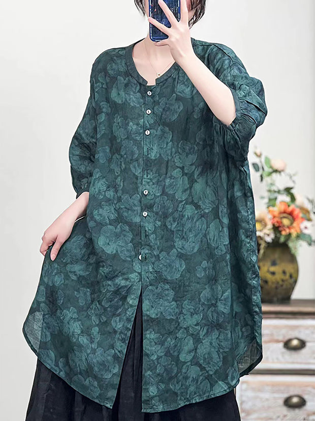Women Spring Chinese Style Flower Print Long Linen Shirt