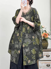 Women Spring Chinese Style Flower Print Long Linen Shirt