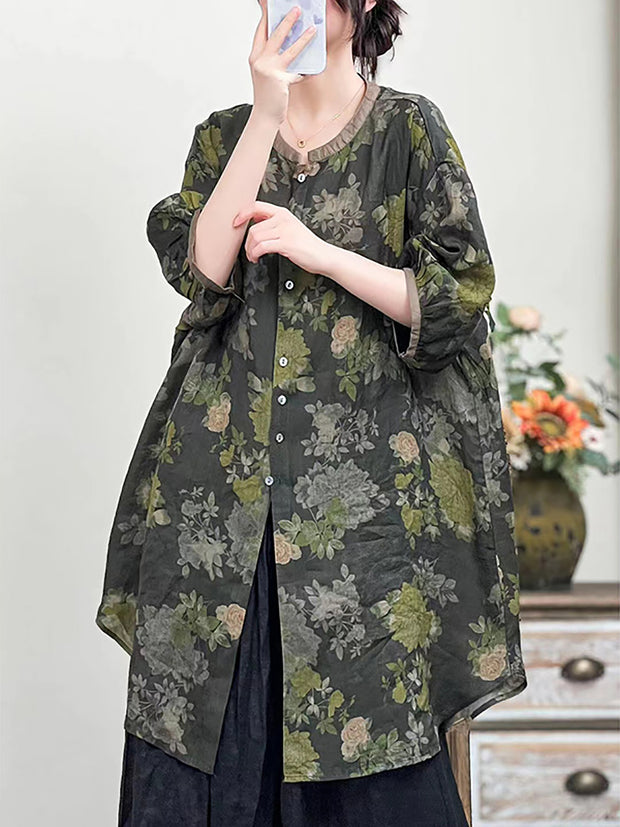 Women Spring Chinese Style Flower Print Long Linen Shirt