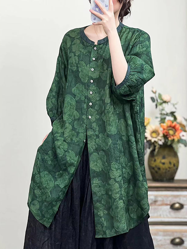 Women Spring Chinese Style Flower Print Long Linen Shirt