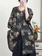 Women Spring Chinese Style Flower Print Long Linen Shirt