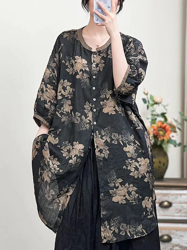 Women Spring Chinese Style Flower Print Long Linen Shirt