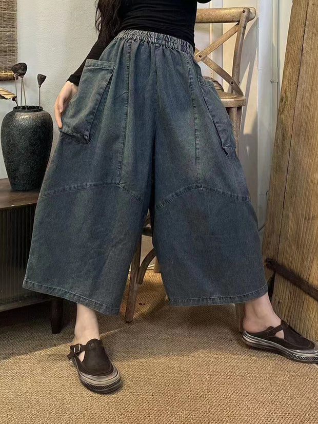 Women Retro Large Pocket Loose Wide-leg Denim Pants