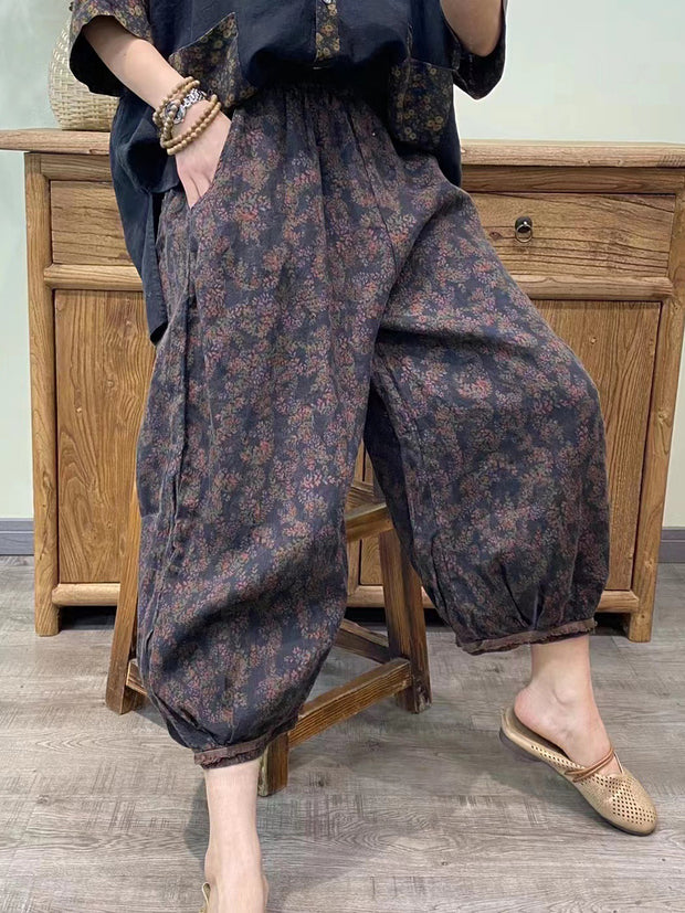 Knöchellange lockere Haremshose für Damen im Vintage-Stil mit Blumenmuster