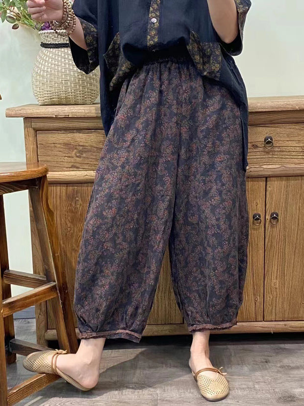 Knöchellange lockere Haremshose für Damen im Vintage-Stil mit Blumenmuster