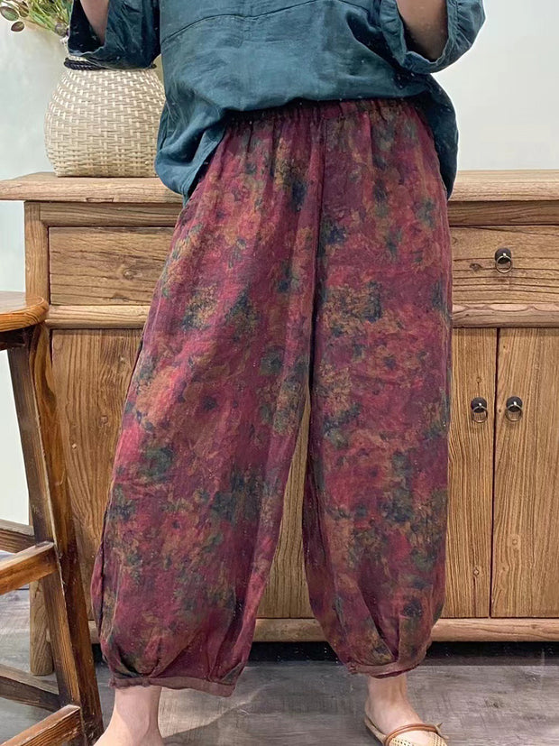Knöchellange lockere Haremshose für Damen im Vintage-Stil mit Blumenmuster