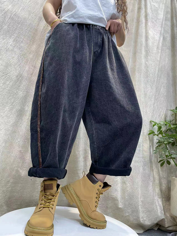 Damen Retro Washed Solid Loose Denim Haremshose 