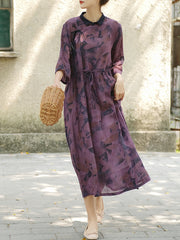 Women Chinese Style Drawstring Print Loose Dress
