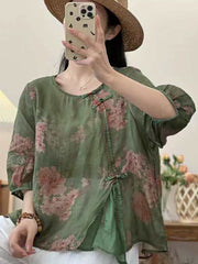 Women Summer Ethnic Frog Flower Spliced Ramie Shirt