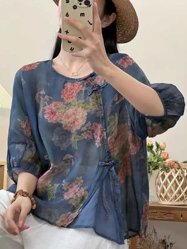 Women Summer Ethnic Frog Flower Spliced Ramie Shirt