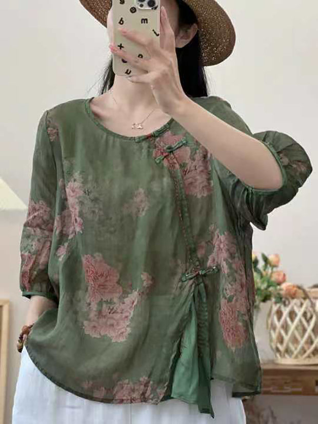 Women Summer Ethnic Frog Flower Spliced Ramie Shirt