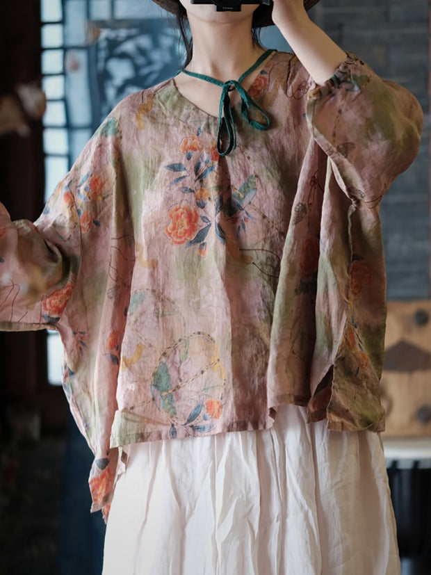 Women Vintage Floral Split Hem V-Neck Loose Linen Shirt