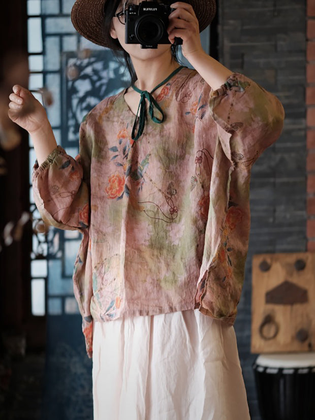 Women Vintage Floral Split Hem V-Neck Loose Linen Shirt