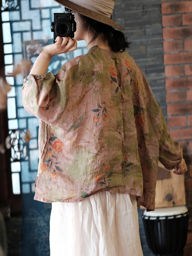 Women Vintage Floral Split Hem V-Neck Loose Linen Shirt