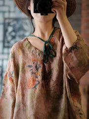 Women Vintage Floral Split Hem V-Neck Loose Linen Shirt
