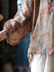 Women Vintage Floral Split Hem V-Neck Loose Linen Shirt