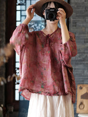 Women Vintage Floral Split Hem V-Neck Loose Linen Shirt