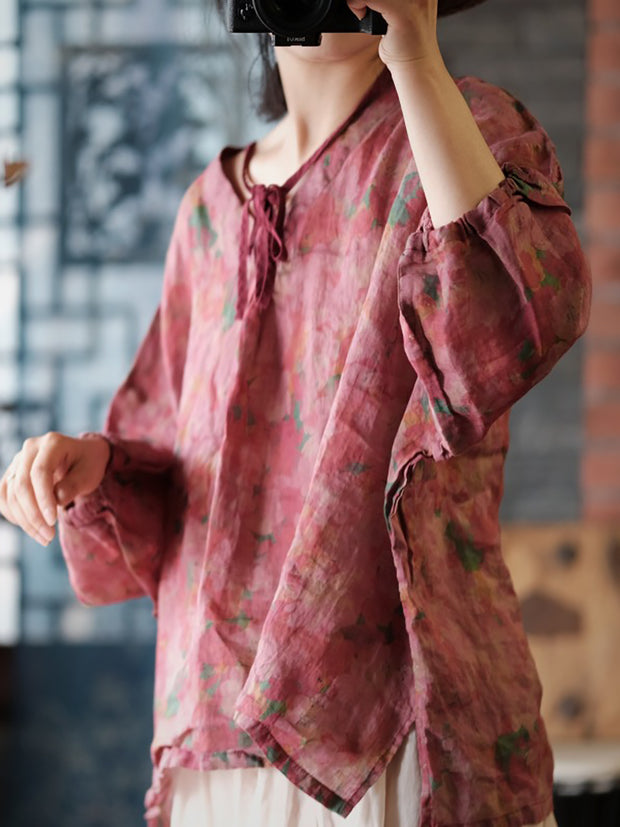 Women Vintage Floral Split Hem V-Neck Loose Linen Shirt
