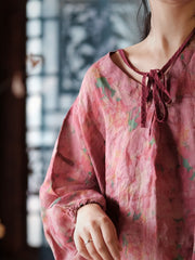 Women Vintage Floral Split Hem V-Neck Loose Linen Shirt