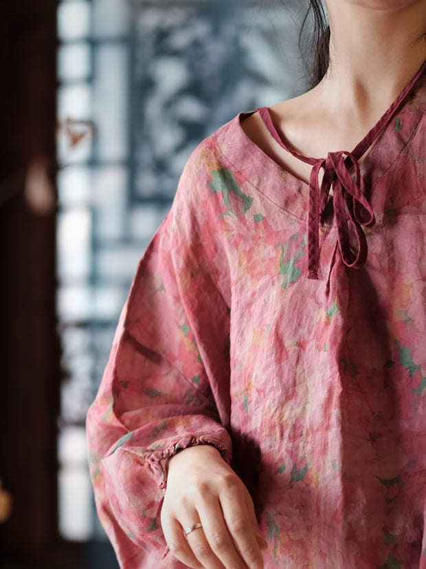 Women Vintage Floral Split Hem V-Neck Loose Linen Shirt