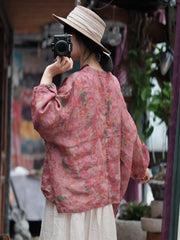 Women Vintage Floral Split Hem V-Neck Loose Linen Shirt