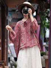 Women Vintage Floral Split Hem V-Neck Loose Linen Shirt