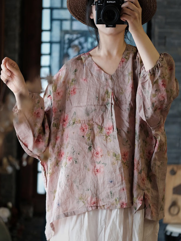 Women Vintage Floral Split Hem V-Neck Loose Linen Shirt