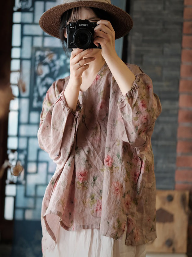 Women Vintage Floral Split Hem V-Neck Loose Linen Shirt