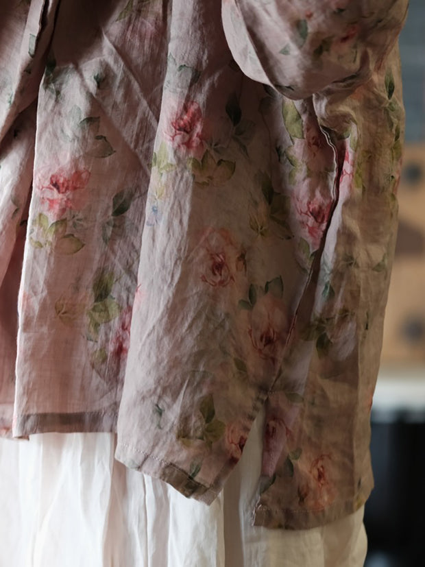 Women Vintage Floral Split Hem V-Neck Loose Linen Shirt