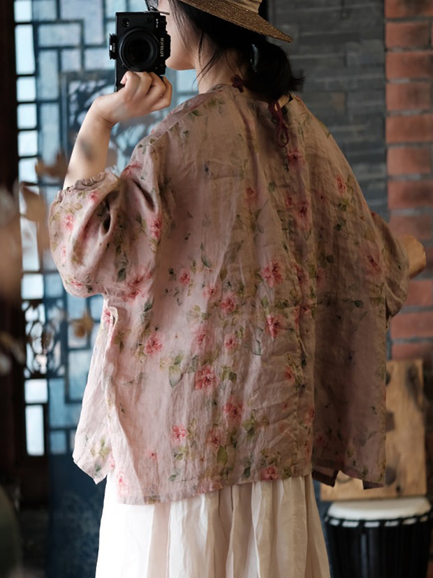 Women Vintage Floral Split Hem V-Neck Loose Linen Shirt