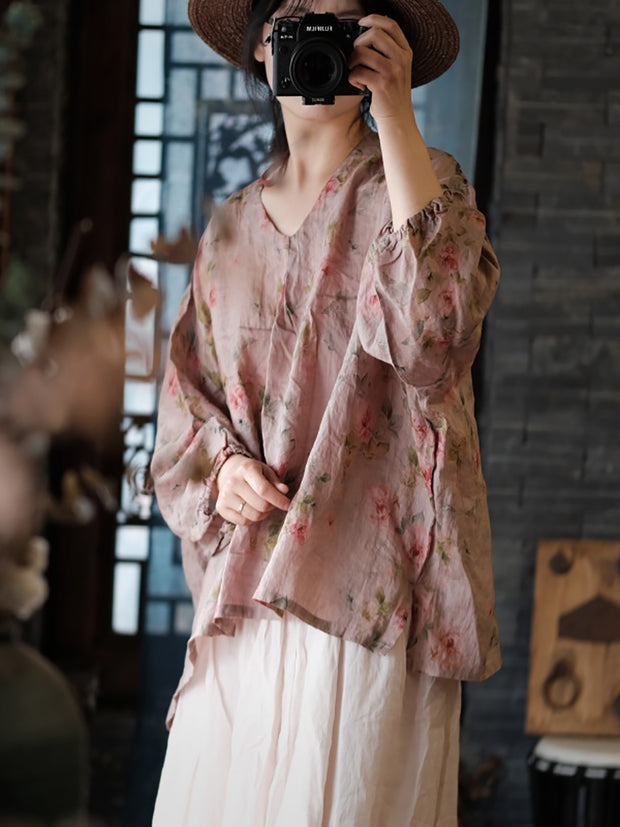 Women Vintage Floral Split Hem V-Neck Loose Linen Shirt