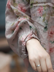 Women Vintage Floral Split Hem V-Neck Loose Linen Shirt
