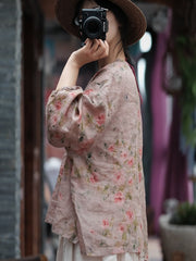 Women Vintage Floral Split Hem V-Neck Loose Linen Shirt