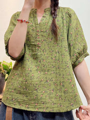 Women Summer Artsy Floral Button Loose Shirt