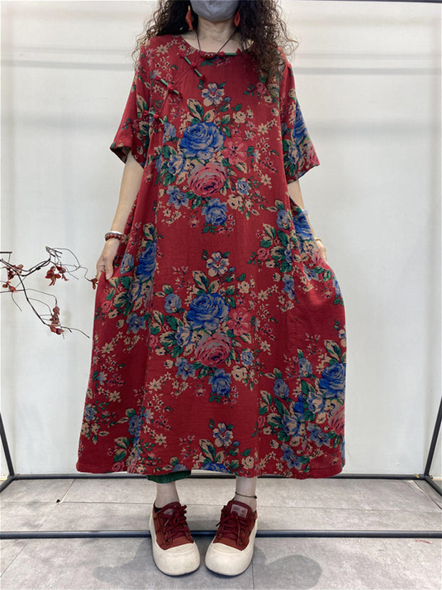Plus Size Sommer Vintage Ethno Blumenknopf Lockeres Kleid