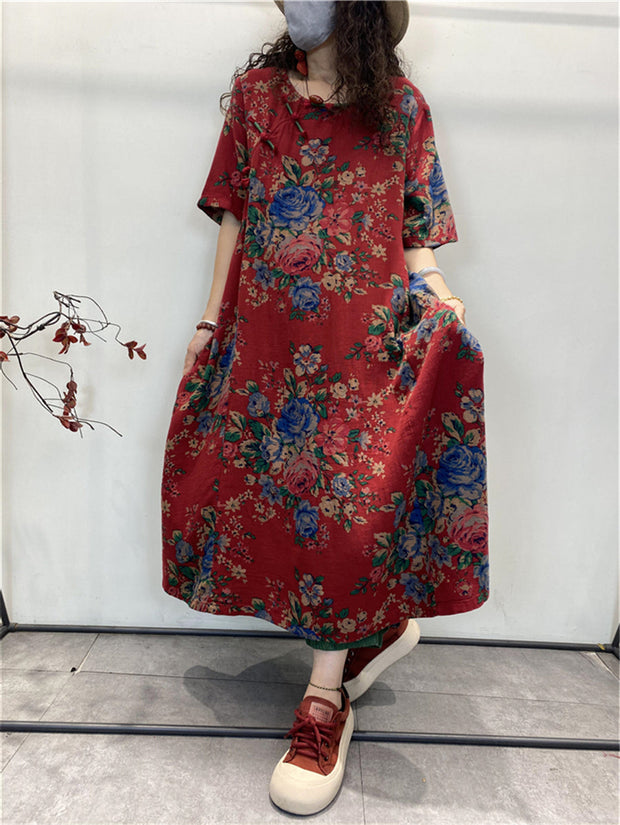 Plus Size Sommer Vintage Ethno Blumenknopf Lockeres Kleid