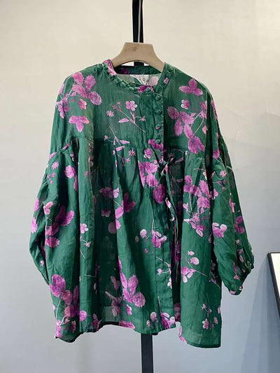 Plus Size Sommer-Ramiie-Hemd mit Vintage-Blumenknopf und Kordelzug