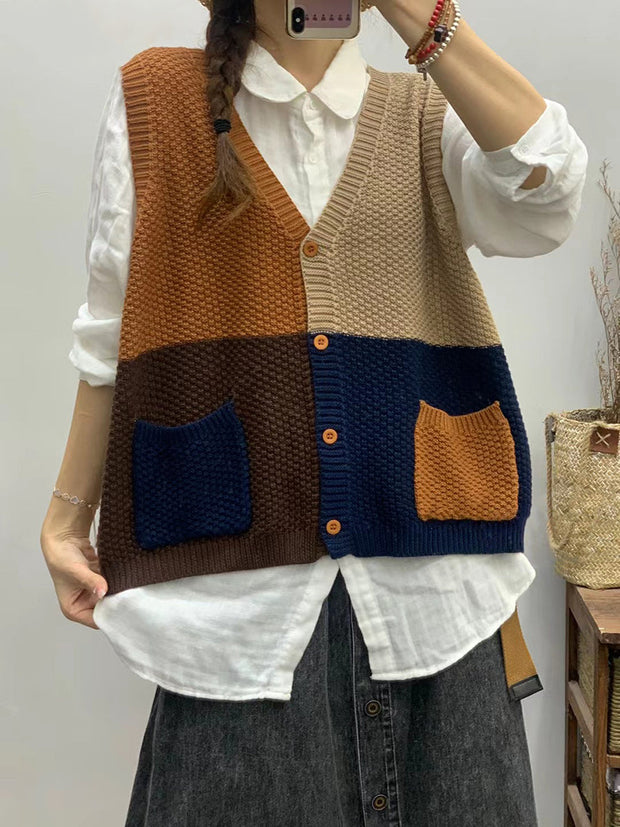 Women Autumn Colorblock Knitted V-Neck Vest