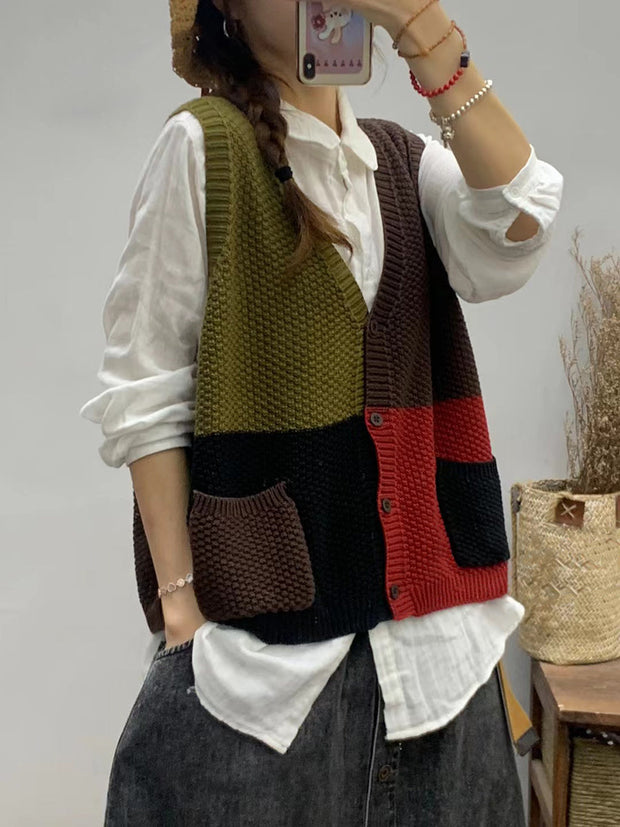 Women Autumn Colorblock Knitted V-Neck Vest